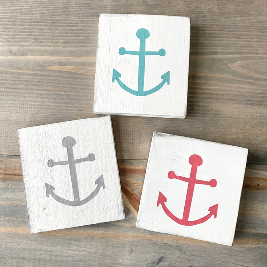 Anchor beach signs on wood with gray, aqua, and pink options shown