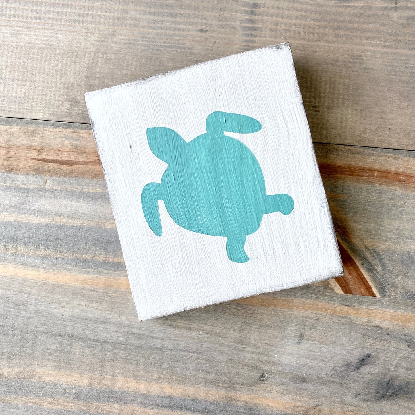 Sea Turtle sign in aqua on real wood, beach house home decor