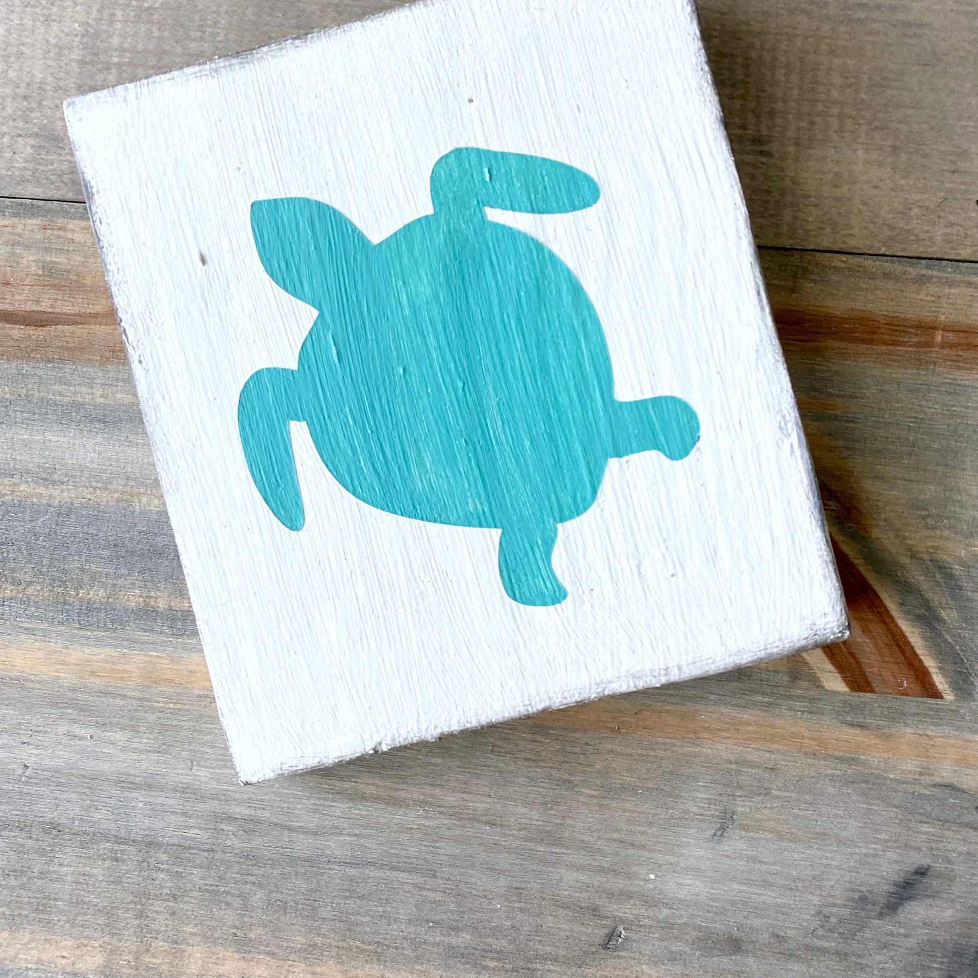 Sea Turtle sign in aqua on real wood, beach house home decor