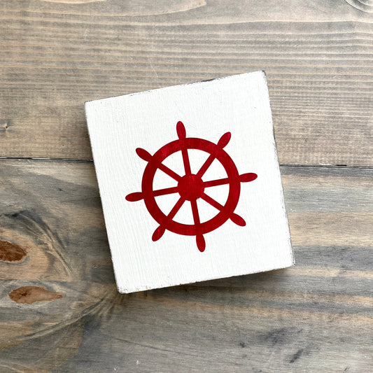 Ship wheel beach sign in red, ship helm, beach decor