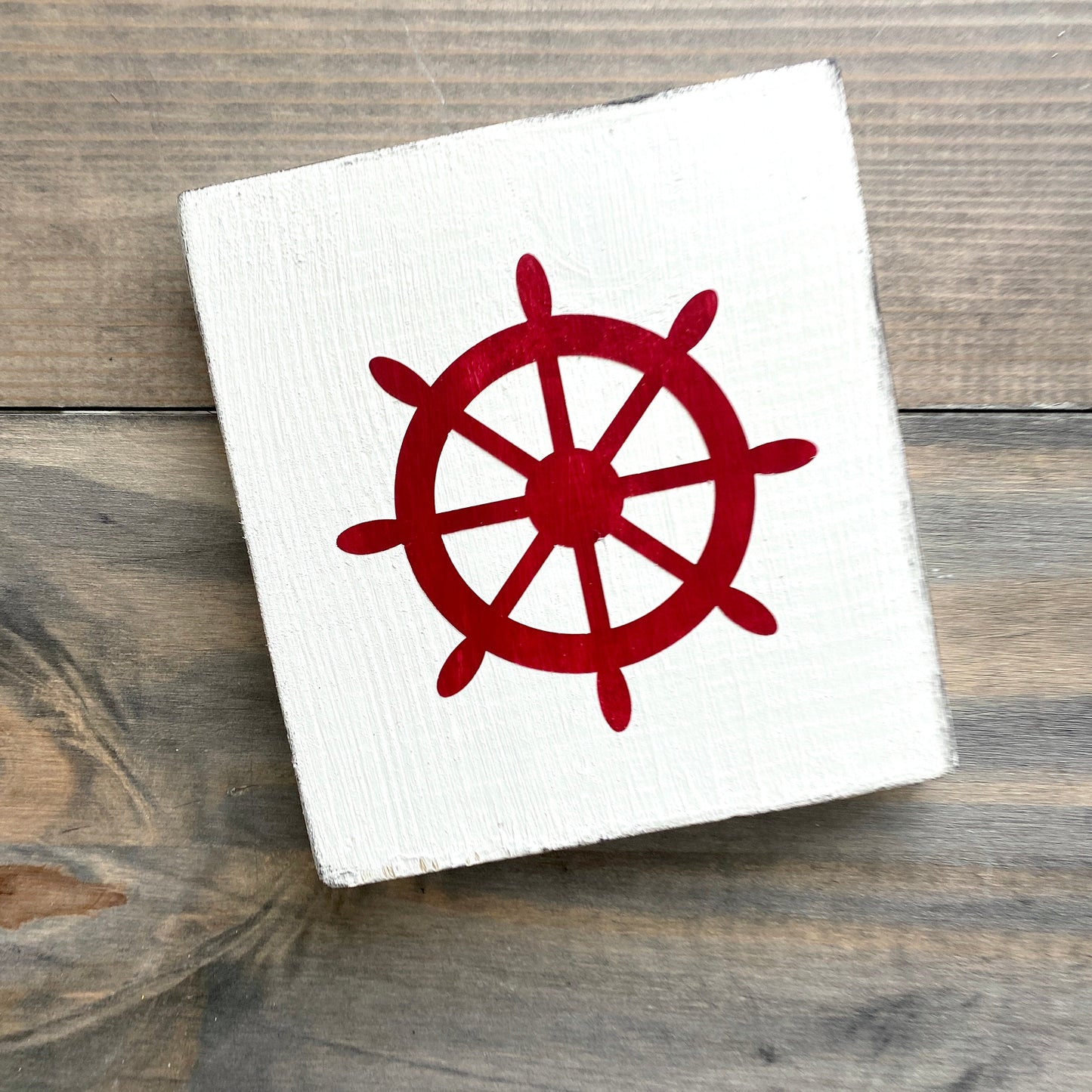 Ship wheel beach sign in red, ship helm, beach decor